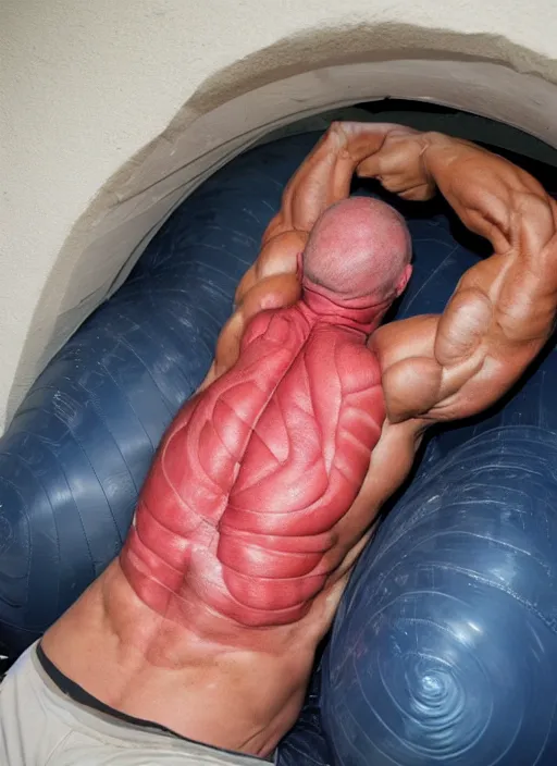 Image similar to deflating muscles, bodybuilder sprang a leak, air hole hissing, leaking air, deflate like a balloon, poked a hole in the muscles