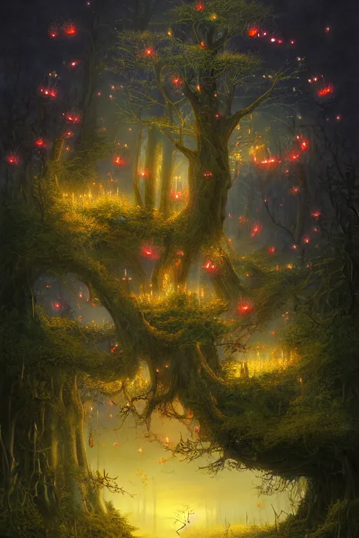 Image similar to a beautiful digital landscape painting of a detailed gothic fantasy fireflies and roots, dark mushroom, flowers by benoit b. mandelbrot, steven belledin, martin johnson heade, lee madgwick, caspar david friedrich, and david rios ferreira. 8 k resolution trending on artstation concept art digital illustration