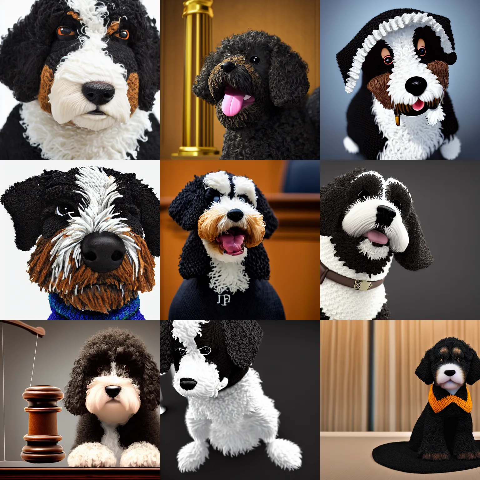 Prompt: a closeup photorealistic illustration of a smiling knitted bernedoodle judge puppy dressed in a black gown, presiding at the courthouse. scales of justice and a gavel. this 4 k hd image is trending on artstation, featured on behance, well - rendered, extra crisp, features intricate detail, epic composition and the style of unreal engine.