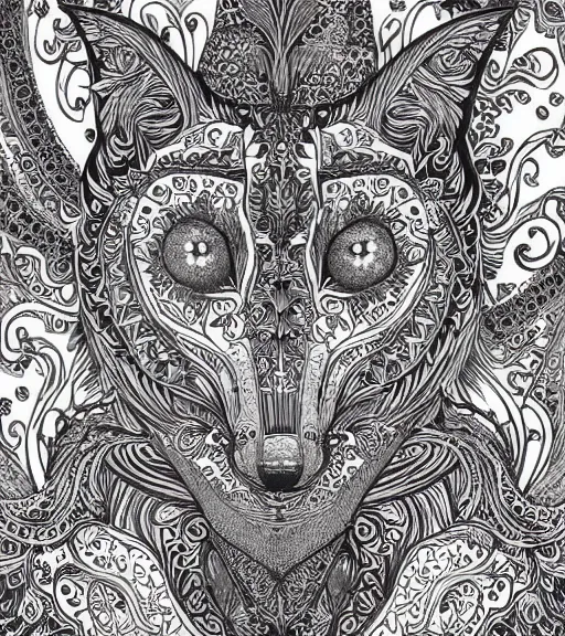 Image similar to ornate fox design pattern illustration design by joe fenton, monochrome using graphite, ink and acrylics on paper