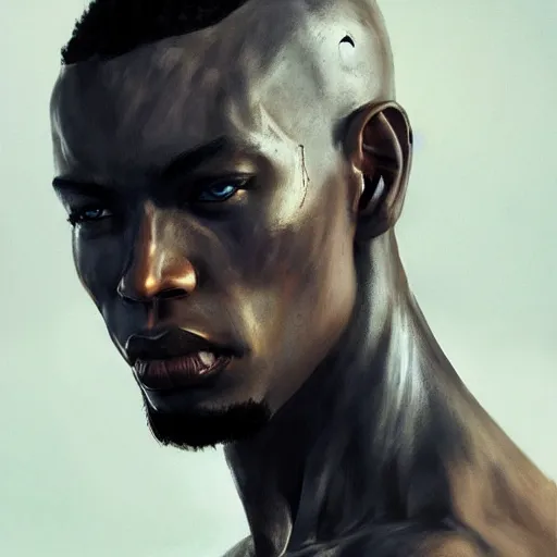 Prompt: black male cyborg profile body modifications hd greg rutkowski calvin klein underwear advertisement