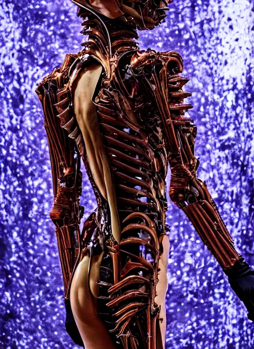 Image similar to walking down the catwalk, show, stage, vogue photo, podium, fashion show photo, iris van herpen baroque dress, beautiful woman, perfect body, full body shot, helmet on face, masterpiece, guyver, giger, biomechanical details, denis villeneuve, movie still, fauvism, cinestill, bokeh