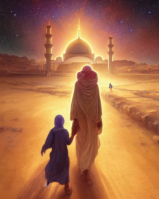 Image similar to bedouin man and woman and child in galaxy walking towards mosque surrounded by nebula, highly detailed, gold filigree, romantic storybook fantasy, soft cinematic lighting, award, disney concept art watercolor illustration by mandy jurgens and alphonse mucha and alena aenami, pastel color palette, featured on artstation