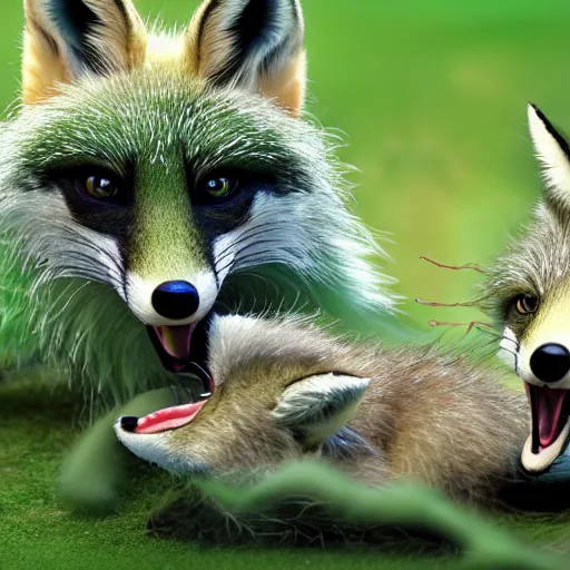 Image similar to A fanatsy world photo of a smiling green fox giving birth to three youngsters, 4k