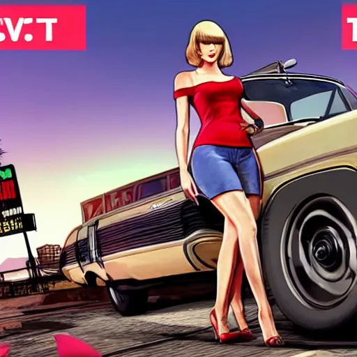 Prompt: A GTA 5 game loading screen featuring Taylor Swift