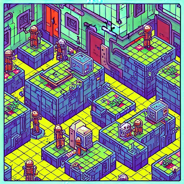 Image similar to an absurdly-detailed isometric cyberpunk alleyway colored-pen drawing as a fancy square tile. Cats and Robots and Potted-Plants.