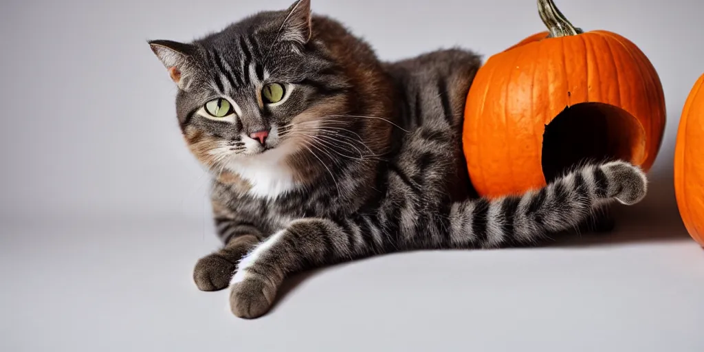 Prompt: A cat wearing a pumpkin costume, pets, cute, professional photography