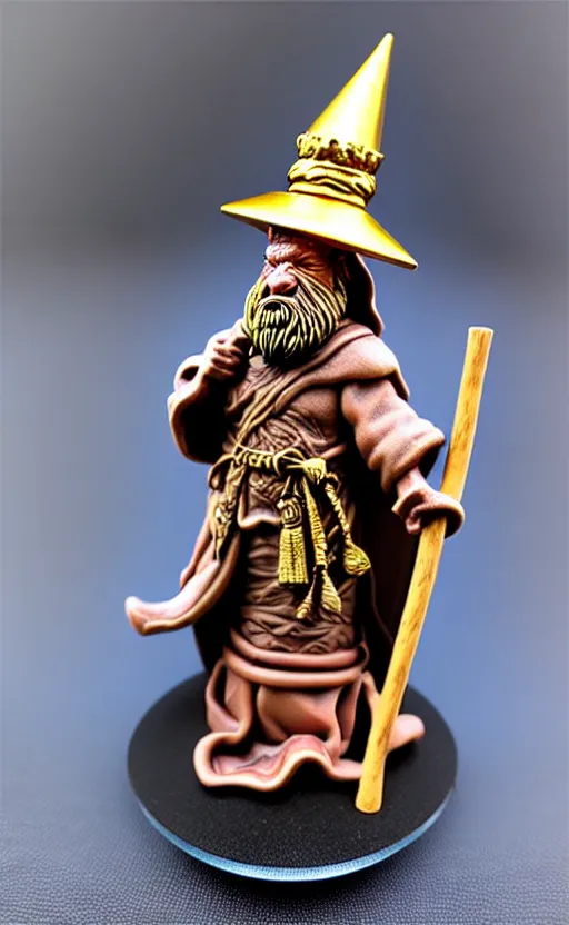 Prompt: 8 0 mm resin detailed miniature of pig wizard with wizards hat and robe, holding a staff above his head, product introduction photos, 4 k, full body,