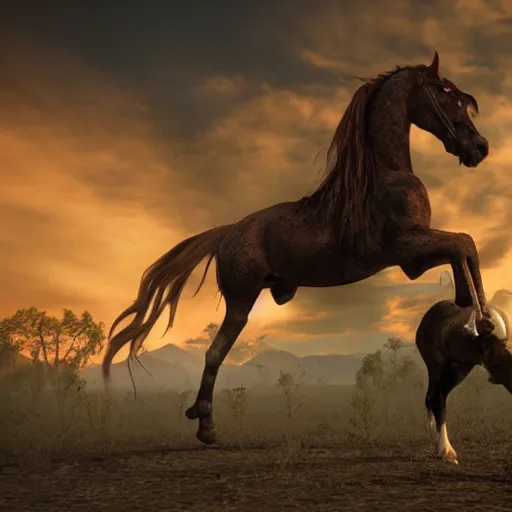 Image similar to vampire feeding on a horse, epic scene, realistic render