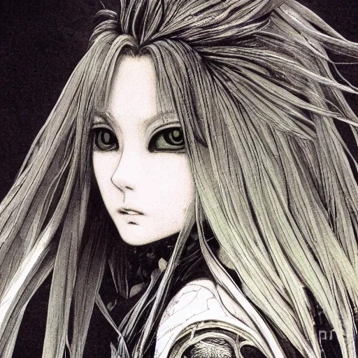 Prompt: yoshitaka amano realistic three quarter angle illustration of an anime girl with black eyes, wavy white hair fluttering in the wind and cracks on her face wearing elden ring armour with engraving, abstract black and white patterns on the background, noisy film grain effect, highly detailed, renaissance oil painting, weird portrait angle, blurred and dreamy old photo