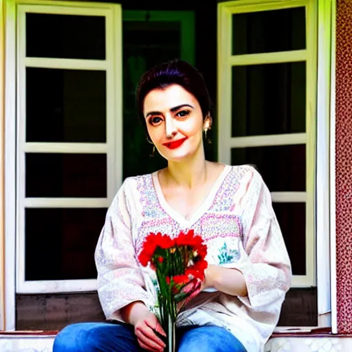 Image similar to a beautiful portrait of the turkish actress sumeyye aydogan, duy beni serial, sitting on the porch holding a flower, in front of the house