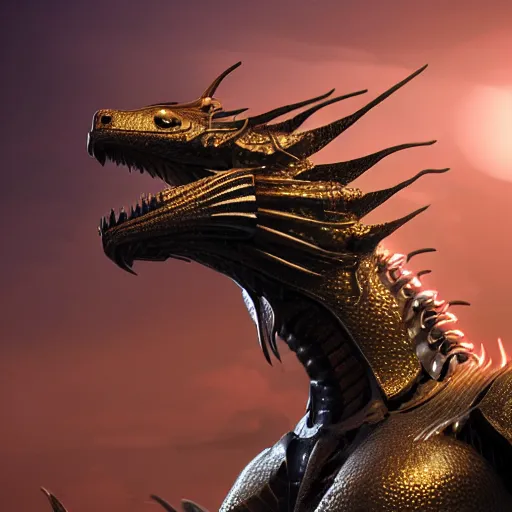 Image similar to a highly detailed close up of a beautiful majestic anthropomorphic robot female dragon, with smooth and streamlined armor, standing and posing elegantly on a beach, well detailed head, with sharp claws on her hands and feet, two arms, two legs, long tail, artstation, DeviantArt, professional, octane render, sunset lighting