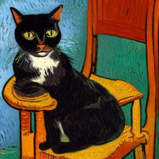 Prompt: painting of a cat on a chair, by Van Gogh