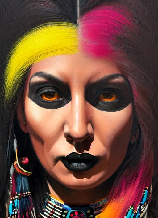 Image similar to portrait of a native american woman with a crooked nose and a confident expression, 1 9 6 0 s, black clothes, goth, punk, brightly coloured hair, funk, intricate, elegant, highly detailed, digital painting, artstation, concept art, smooth, sharp focus, illustration, art by wlop, mars ravelo and greg rutkowski