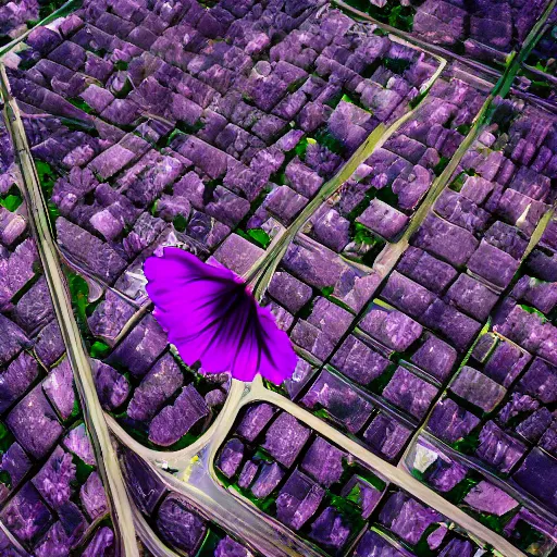 Image similar to closeup photo of purple flower petal flying above a city, aerial view, shallow depth of field, cinematic, 8 0 mm, f 1. 8