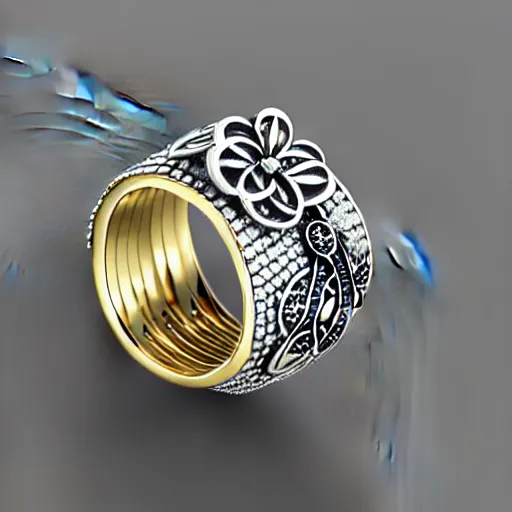 Image similar to intricate!! nordic ring and necklace and ear, silver and gold and diamond, isolated on a white background and a flower in the background, refraction, occlusion, filigree, lower and upper levels, keyshot render, octane render, vray render