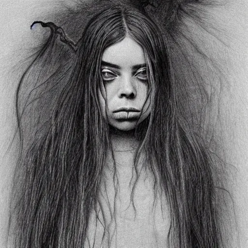 Prompt: grunge drawing of billie eilish by - Zdzisław Beksiński , stick figure style, horror themed, detailed, elegant, intricate