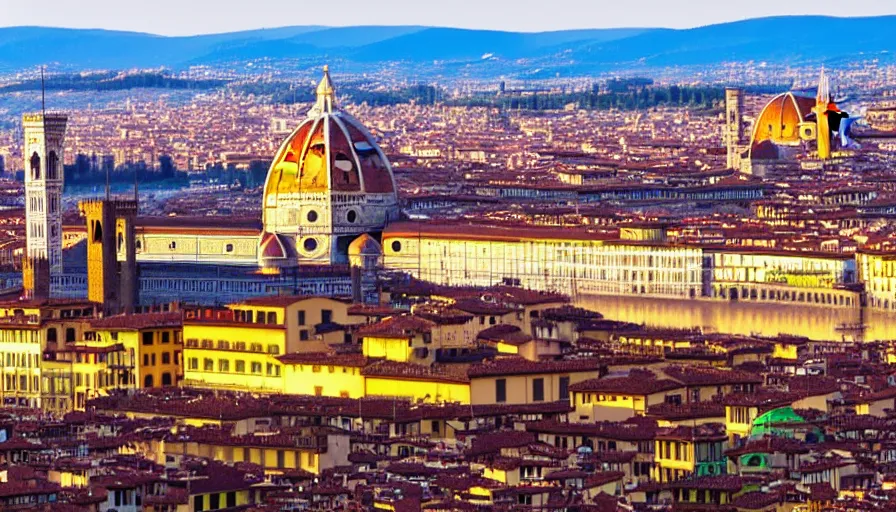 Prompt: Skyline of the city of Florence, Italy, golden hour, UHD, 4k, photorealism, panorama