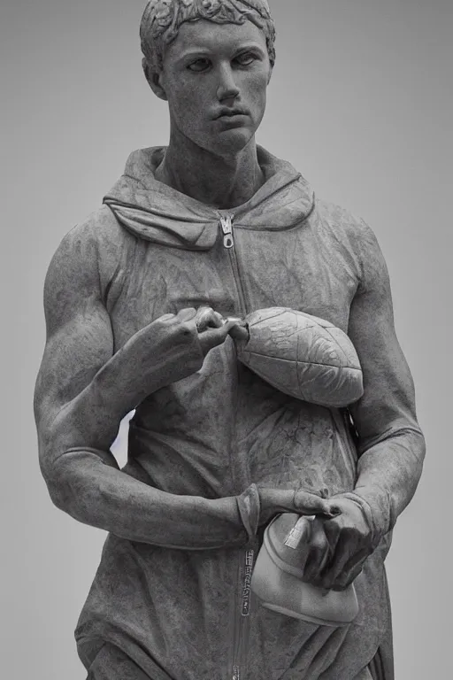 Image similar to marble sculpture of man in Adidas winter jacket, sportswear holding a marble bottle, intricate sculpture, chiseled muscles, godlike, museum photo