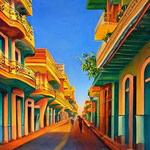 Image similar to art nouveau painting of streets of Havana, Cuba, beautiful, diverse, golden hour