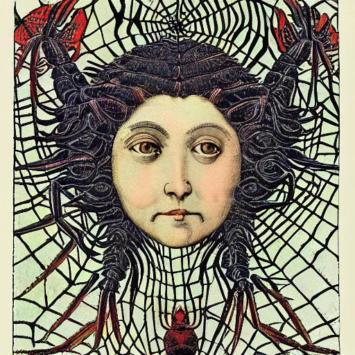 Image similar to a girl with a spider, colored woodcut, flat pastel colors, by Mackintosh, art noveau, by Ernst Haeckel