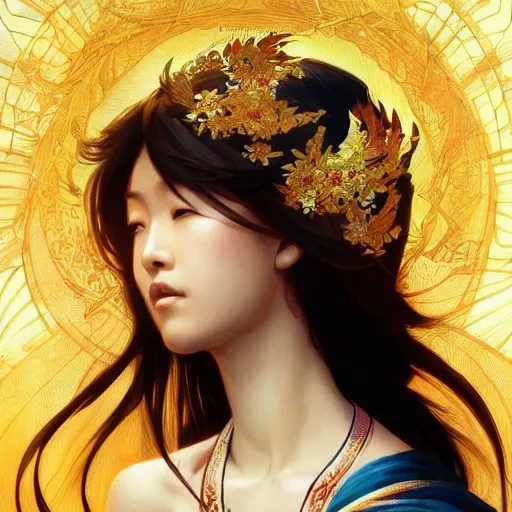 Image similar to An Asian wind goddess, portrait, highly detailed, digital painting, artstation, concept art, sharp focus, illustration, cinematic lighting, art by artgerm and greg rutkowski and alphonse mucha