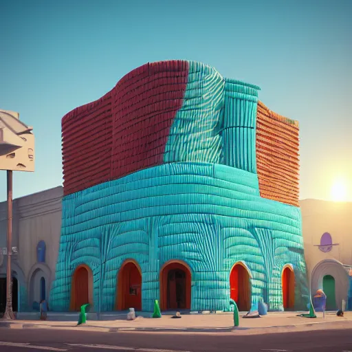 Image similar to freddy mamani silvestre building facade, highly detailed, architectural photo, artstation, 3 d render, 8 k, ultra realistic, lens flare, glow, soft lighting, hyperrealistic, unreal engine, sharp focus, style by wes anderson