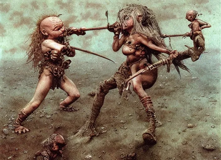 Prompt: bald barbarian girl fighting small cute goblins by Beksinski and Luis Royo