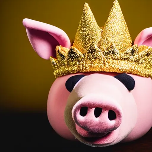 Image similar to studio photograph of a smiling pig depicted as a muppet wearing a gold crown eating pork rind snacks