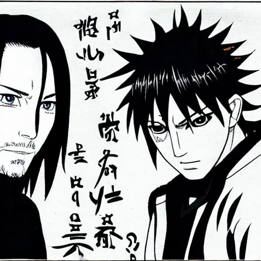 Image similar to Keanu Reeves teaches Sasuke how to chidori illustrated by Kishimoto highly detailed manga panel