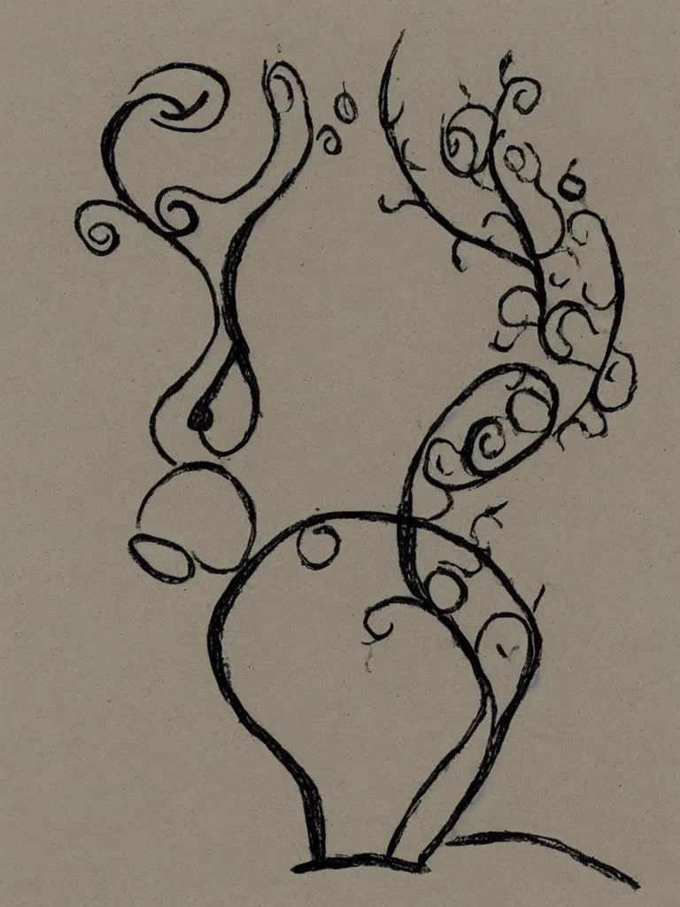 Prompt: a sketch of an acorn that turns into a tree in the shape of a treble clef with a broken line in the middle, single line drawing