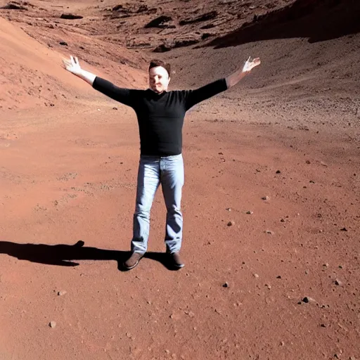 Prompt: Happy Elon Musk on Mars, photo, centered, full body, grand gesture, 2040