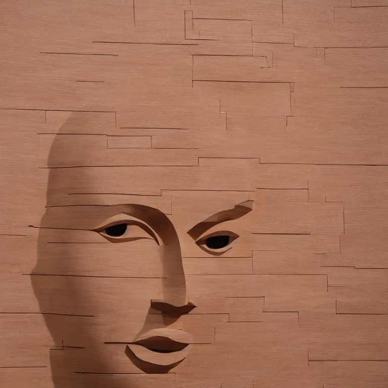 Image similar to 2 0 0 ft geometric minimalist accurate standing figurative sculpture of scarlett johansson, beautiful symmetrical!! face accurate face detailed face realistic proportions, hand - carved out of red oak wood on a pedestal by stephan balkenhol and martin puryear, cinematic lighting shocking detail 8 k