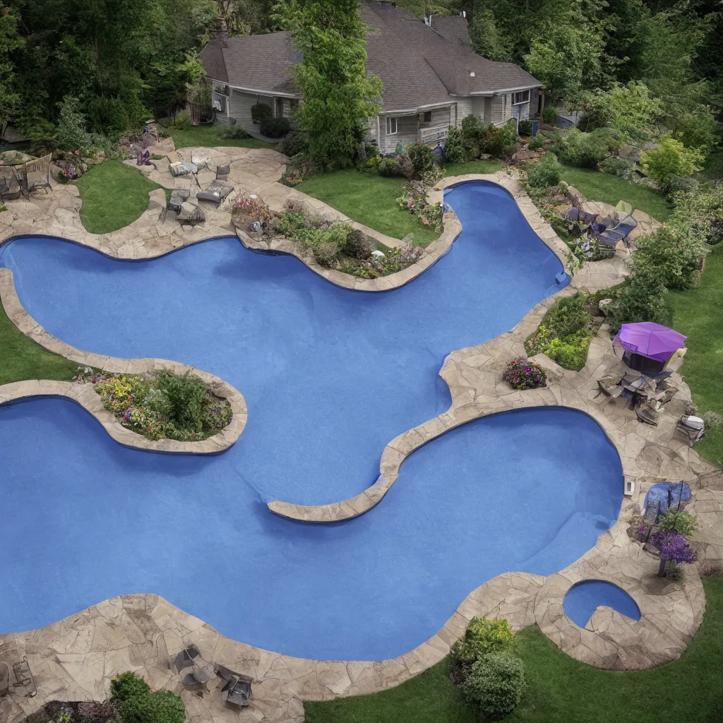 Prompt: suburban backyard with a pool of purple water, photograph by gregory crewdson