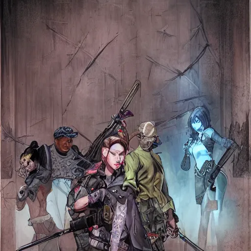 Prompt: a shotgun - toting modern day hunter ; and a sword - wielding magical girl stand back to back against a wall while darkspawn creatures approach them. realistic modern horror rpg painting, by frank cho, dynamic layout