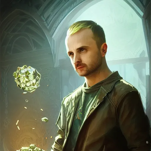 Image similar to jesse pinkman, d & d, fantasy, intricate, elegant, highly detailed, digital painting, artstation, concept art, matte, sharp focus, illustration, hearthstone, art by artgerm and greg rutkowski and alphonse mucha