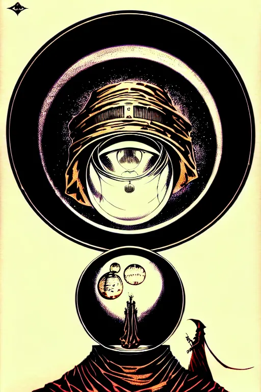 Image similar to cloaked steampunk wizard looking into a crystal ball, high details, intricately detailed, by vincent di fate, inking, 3 color screen print, masterpiece, trending on artstation,, sharp, details, hyper - detailed, hd, 4 k, 8 k