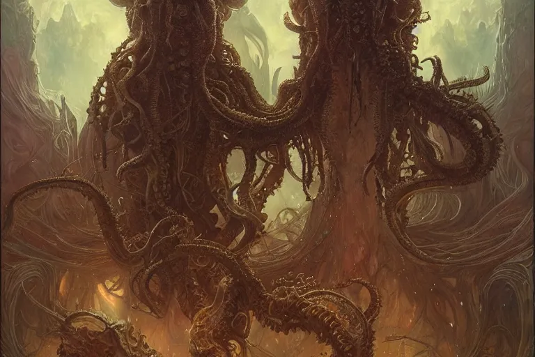 Image similar to a lovecraftian painting of a nightmare, cosmic horror elements, ultra realistic, concept art, intricate details, eerie, highly detailed, photorealistic, octane render, 8 k, unreal engine. art by artgerm and greg rutkowski and alphonse mucha
