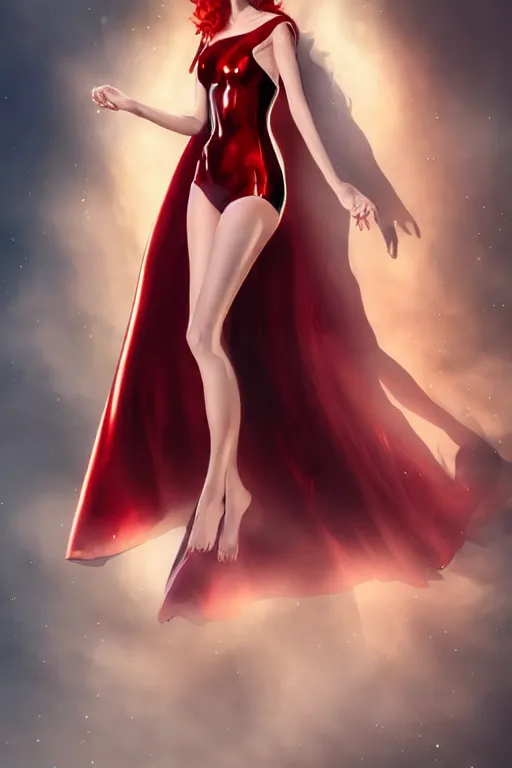 Prompt: beautiful elegant full body portrait of felicia day with fiery red hair wearing a sparkling cherry color one piece swimsuit and iridescent white silk cape, wlop, artgerm, artstation, backlit, marble background