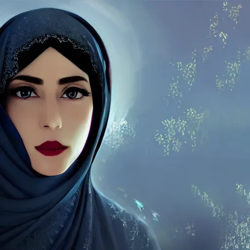 Prompt: arab Ameera al-Taweel, maiden, bright blue eyes, black hair, simple white veil, by beeple, studio ghibli, wallpaper, highly detailed, trending on artstation