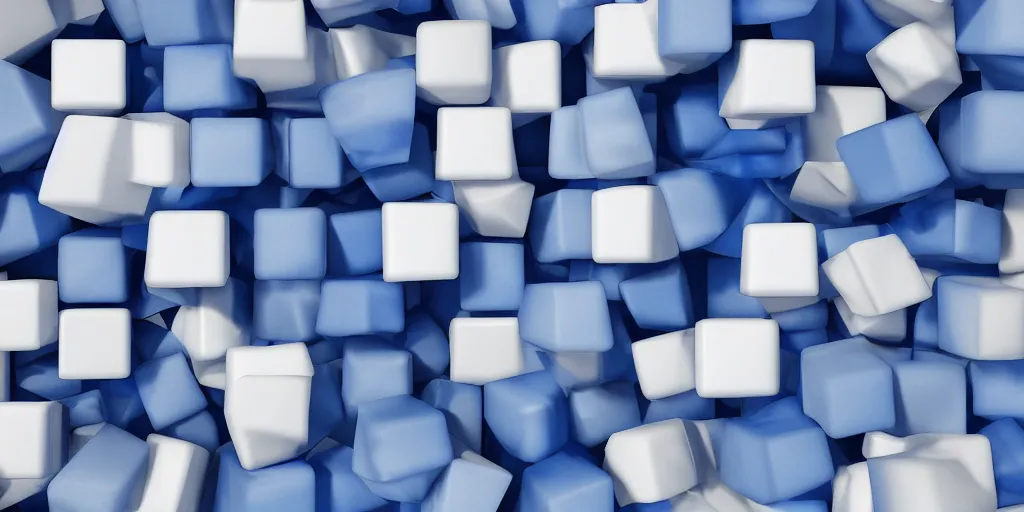 Image similar to floating blue and white plastic cubes against a grey background, octane render, beautiful, 4 k, hdr lighting, glossy, depth of field, ultrawide