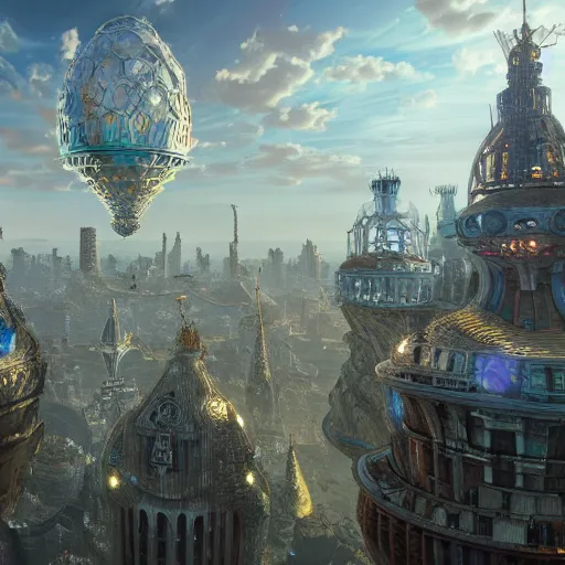 Image similar to enormous flying city in a faberge egg, sky, steampunk, fantasy art, unreal engine,