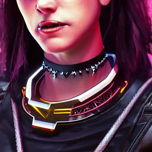 Image similar to female V from Cyberpunk 2077 wearing spiked steel choker, steel collar, steel choker, punk, steel collar, 4K, realistic, spiked collar, portrait, art, beautiful,