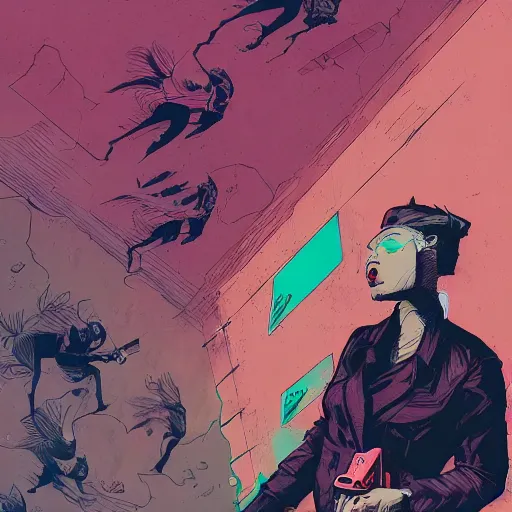 Image similar to a comic noir illustration of a woman hunting zombies in a post - apocalyptic desert, by queens of the stone age, by sachin teng, by tristan eaton, by victo ngai, artgerm, rhads, ross draws, 8 k, hyperrealistic, high contrast, dark vibes, pastel lighting, depth of field