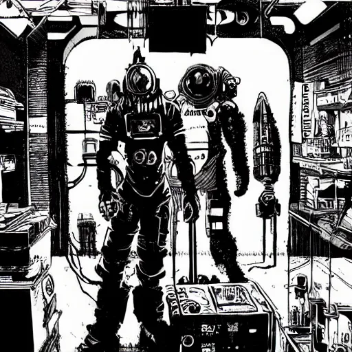 Prompt: a space merchant in their shop, cyberpunk, sci-fi, in the style of Ashley Wood and Moebius