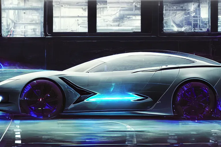 Prompt: a side view photo of a futuristic science fiction corvette stingray tron tesla car on a reflective black floor in a industrial diesel punk scientific research laboratory, hyper detailed, smooth, high contrast, volumetric lighting, octane, jim lee, craig mullins, vibrant rich deep color