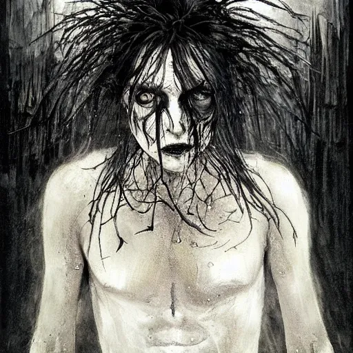 Image similar to gaunt ( the cure fan ) as dream from sandman, dim stars as eyes, by jeremy mann, by cedric peyravernay, by richard avedon, by dave mckean and ben templesmith, dramatic lightning, sadness, dark eye sockets, in the shadows, punk rock, gothic, high detailed, 8 k