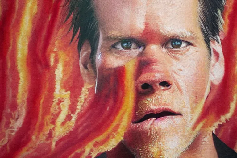 Image similar to an ultra realistic painting of kevin bacon, bacon rasher, bacon rasher wrapped around his face, 8 k, cinematic, movie still