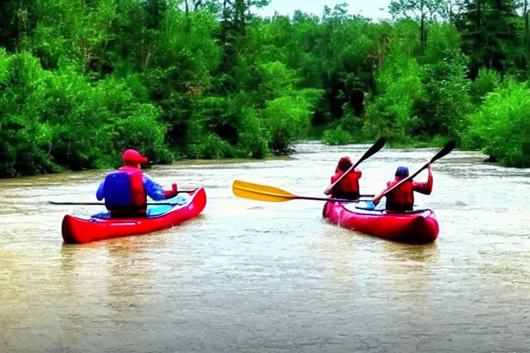 Prompt: youtube thumbnail of people canoing down a river