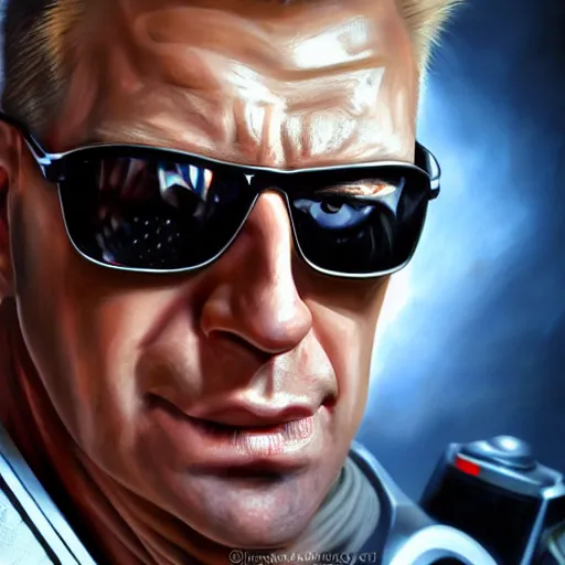 Image similar to ultra realistic portrait painting of duke nukem, stanley artgerm, 4 k, ultra realistic, highly detailed, epic lighting